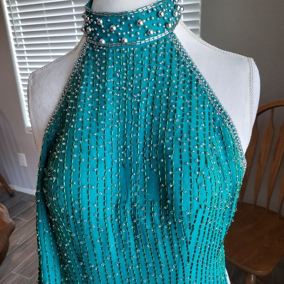 90s Turquoise Teal sequin Beaded Open Back Prom Dance Pageant Dress gown - Picture 10 of 11
